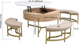 Linique Modern Round Lift-Top Coffee Table with Storage and 3 Ottoman, White + Black